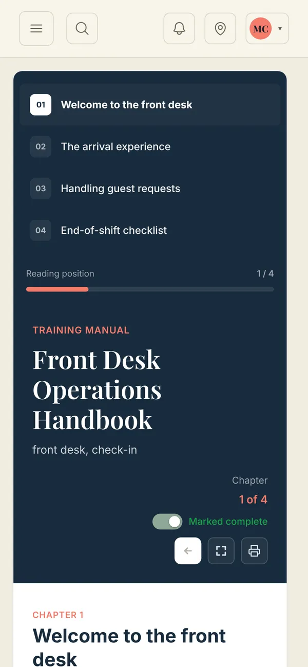 Manual chapter list on a phone