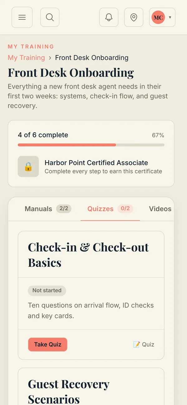 A training path on a phone: Front Desk Onboarding, 4 of 6 complete