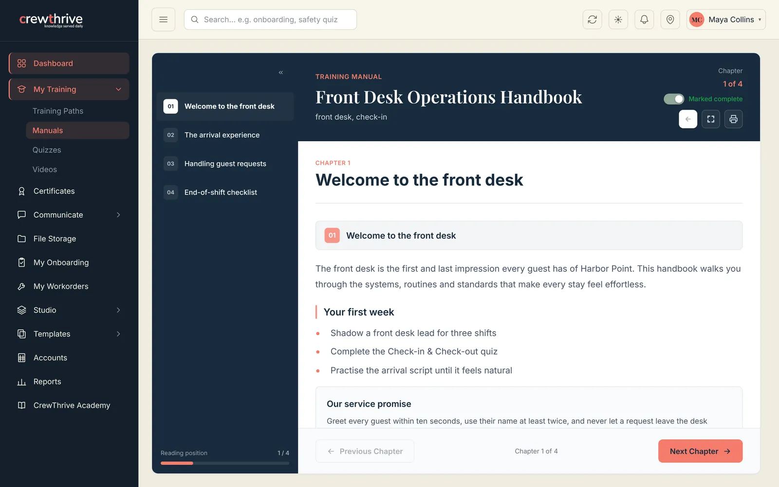 Manual reader with a chapter list, reading progress and the Welcome to the front desk chapter