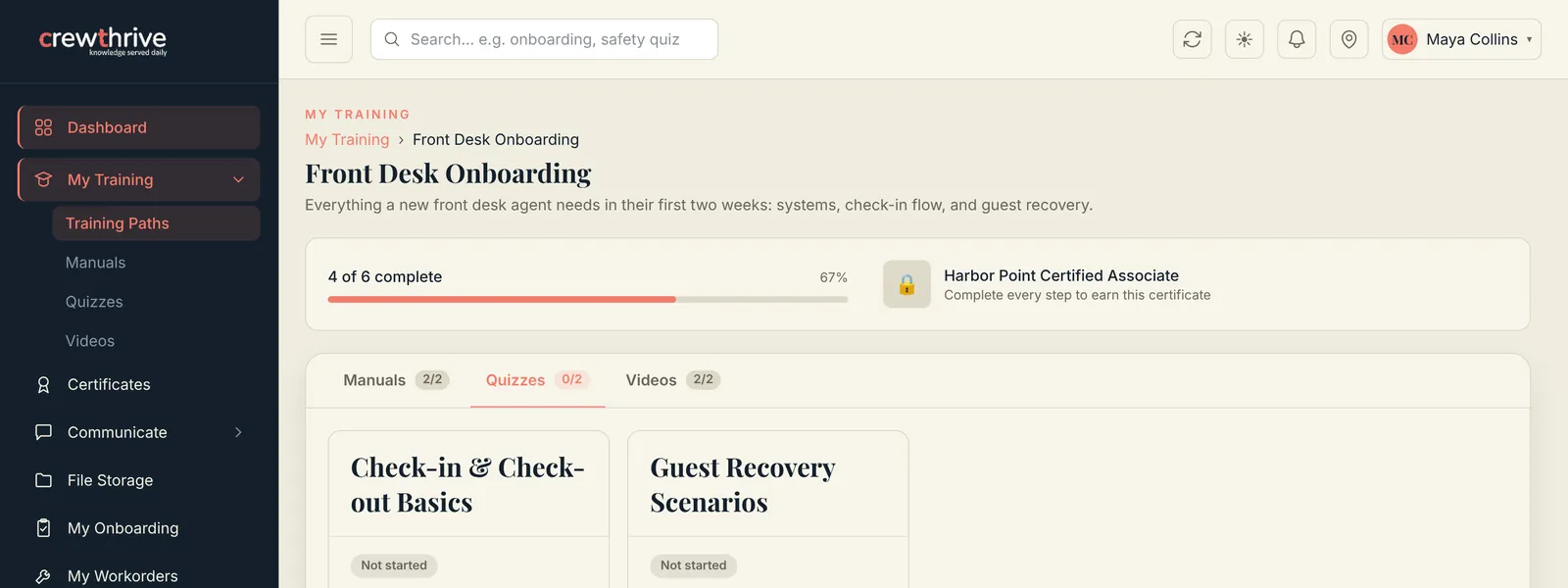 Front Desk Onboarding training path: 4 of 6 complete, a locked certificate, and quizzes ready to take